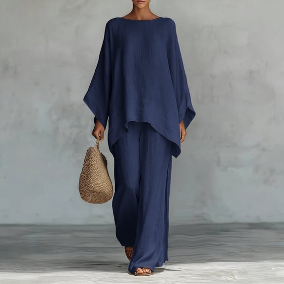 Xaqiouau Women 2 Piece Loungewear Round Neck Dolman Long Sleeve Top Elastic Waist Wide Leg Pants Summer Casual Cotton Blend Travel Daily Outfit Sets Navy XL
