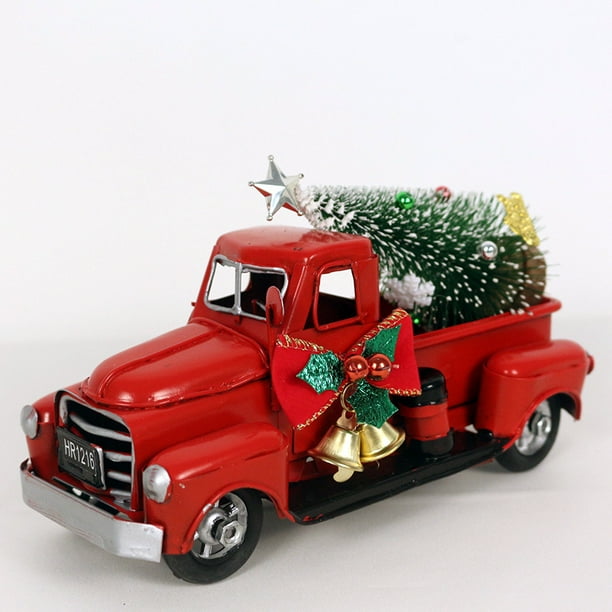 Red Truck with Christmas Tree, Red Pickup Vintage Truck Christmas Decor with Lights Metal Truck