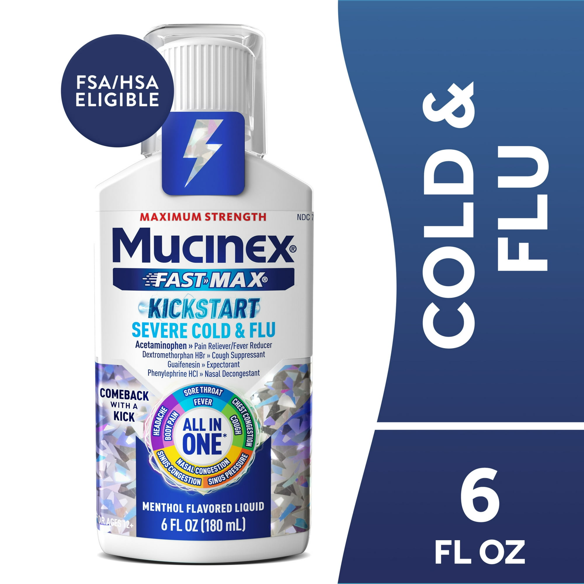 Mucinex Fast-Max Kickstart Severe Cold and Flu Medicine, OTC Cough Relief, Menthol Flavor, 6 fl oz