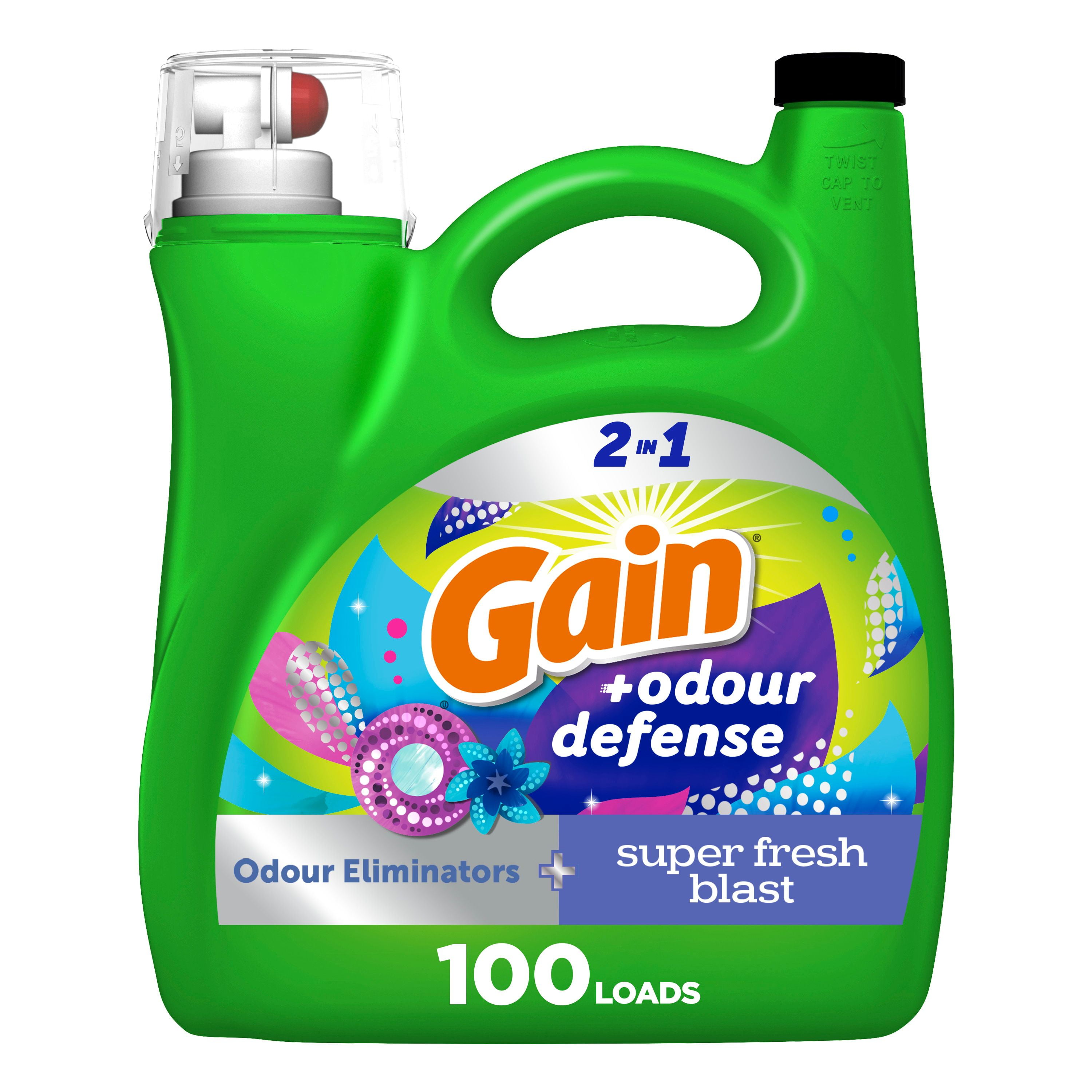 Gain Odour Defense Liquid Laundry Detergent, Super Fresh Blast Scent, 4.2 L, 100 loads, 2 in 1, Laundry Detergent Liquid Soap, HE compatible