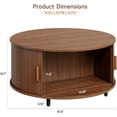 thumbnail image 2 of Round Coffee Table with Storage, 31.5" Modern Coffee Table with 360° Curved Sliding Door, Fluted Wood Accent Coffee Table with Adjustable Footpads, Round Center Table for Living Room, Walnut, 2 of 7