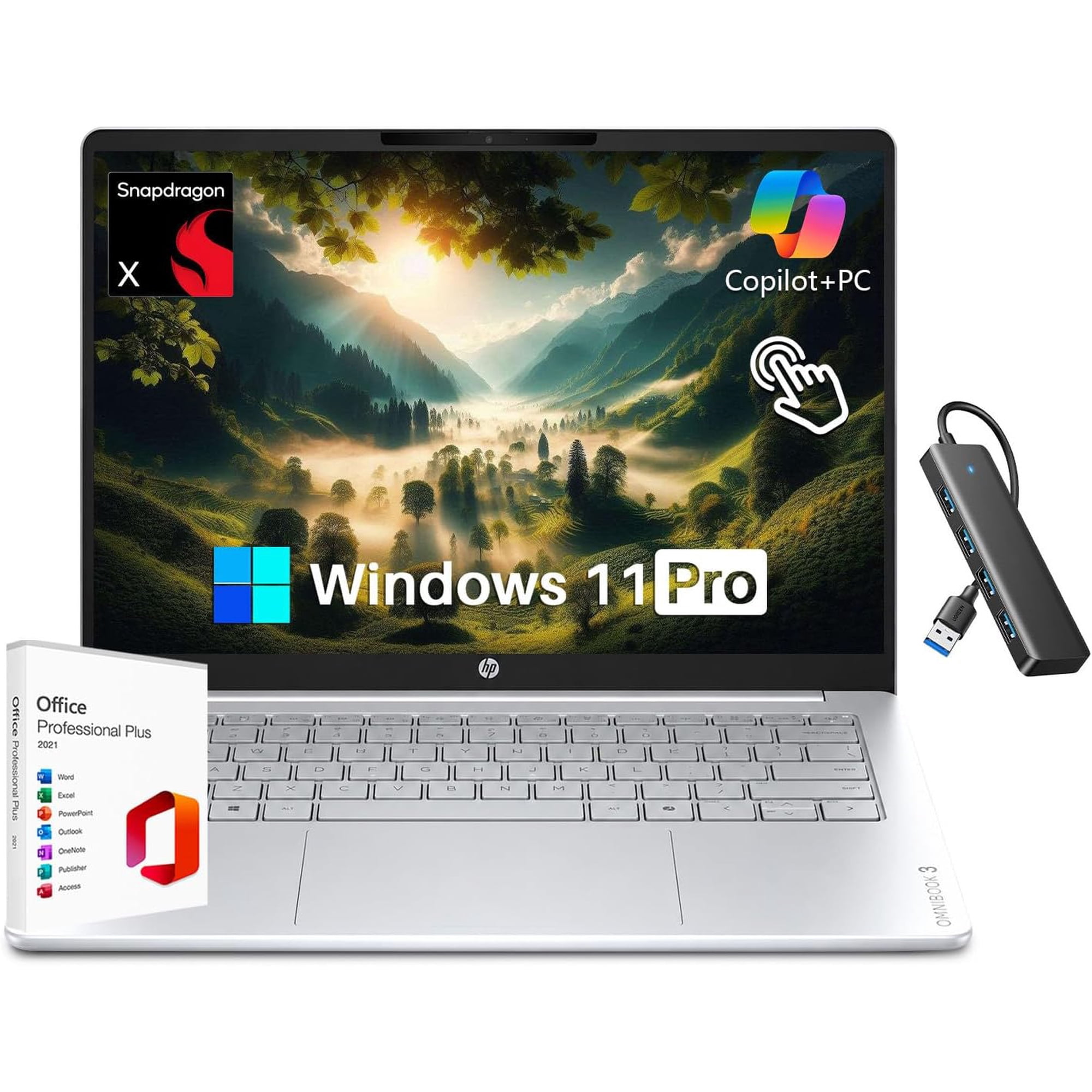 HP OmniBook 3 14" 2K Touchscreen Laptop, Snapdragon X X1-26-100 Next Gen AI PC, Qualcomm Adreno GPU, 16GB LPDDR5x 512GB SSD, Windows 11 Pro, Office Lifetime License, Copilot+ PC - Glacier Silver