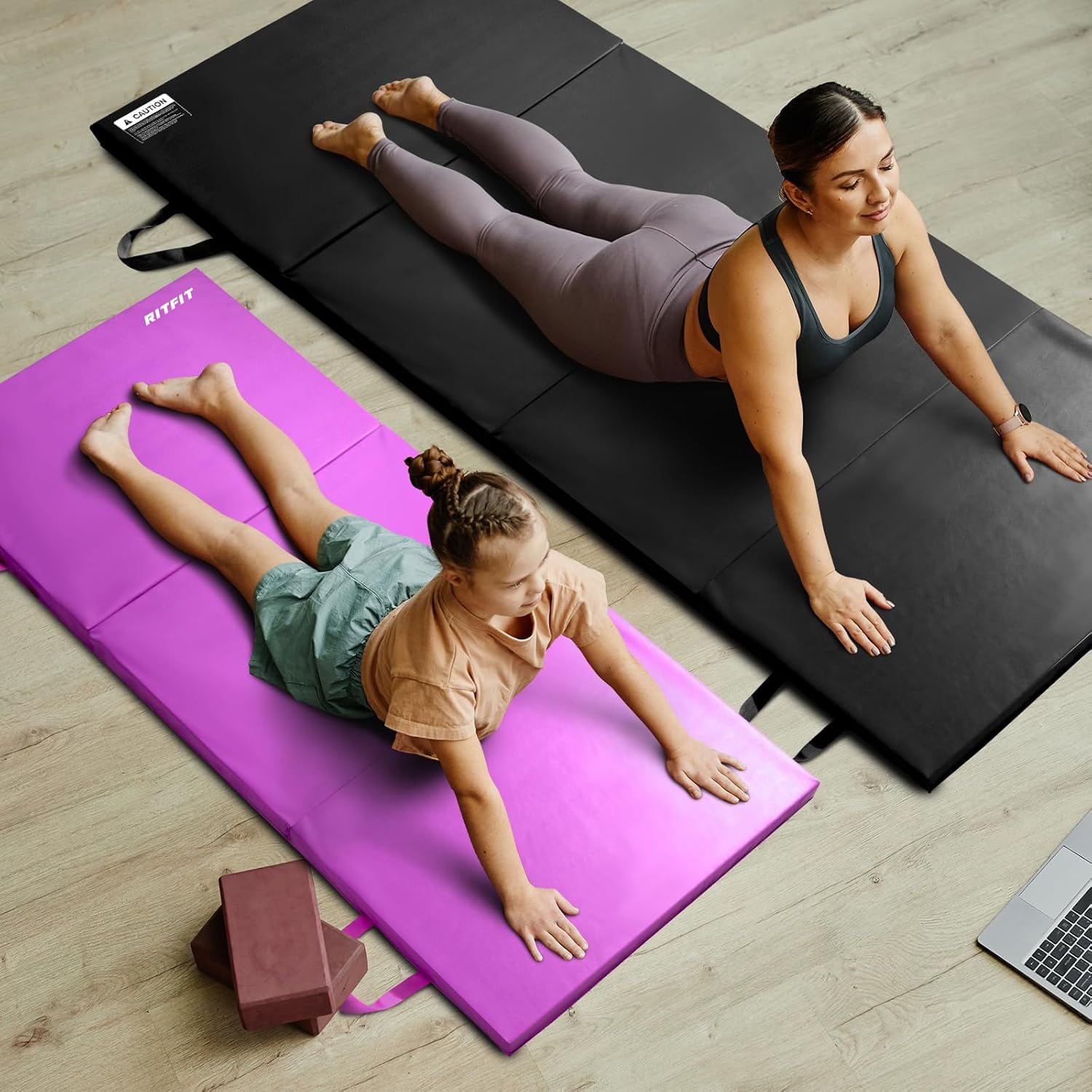 RitFit 4' x 8' Folding Gymnastics Mat with Carrying Handles for Yoga, Stretching, Core Workouts(Black)