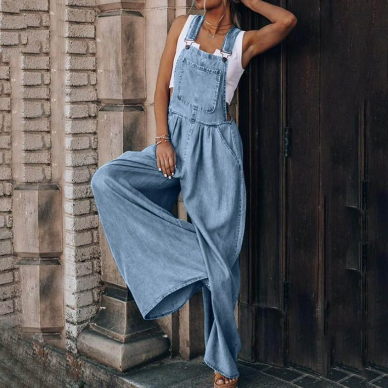 Women Retro Denim Bib Overalls Jeans Jumpsuits and Rompers Ladies