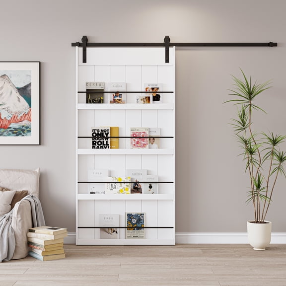 42'' x 84'' Wood and Primed Bookshelf Barn Door with Mounting Hardware Kit(Soft Close Inclued)
