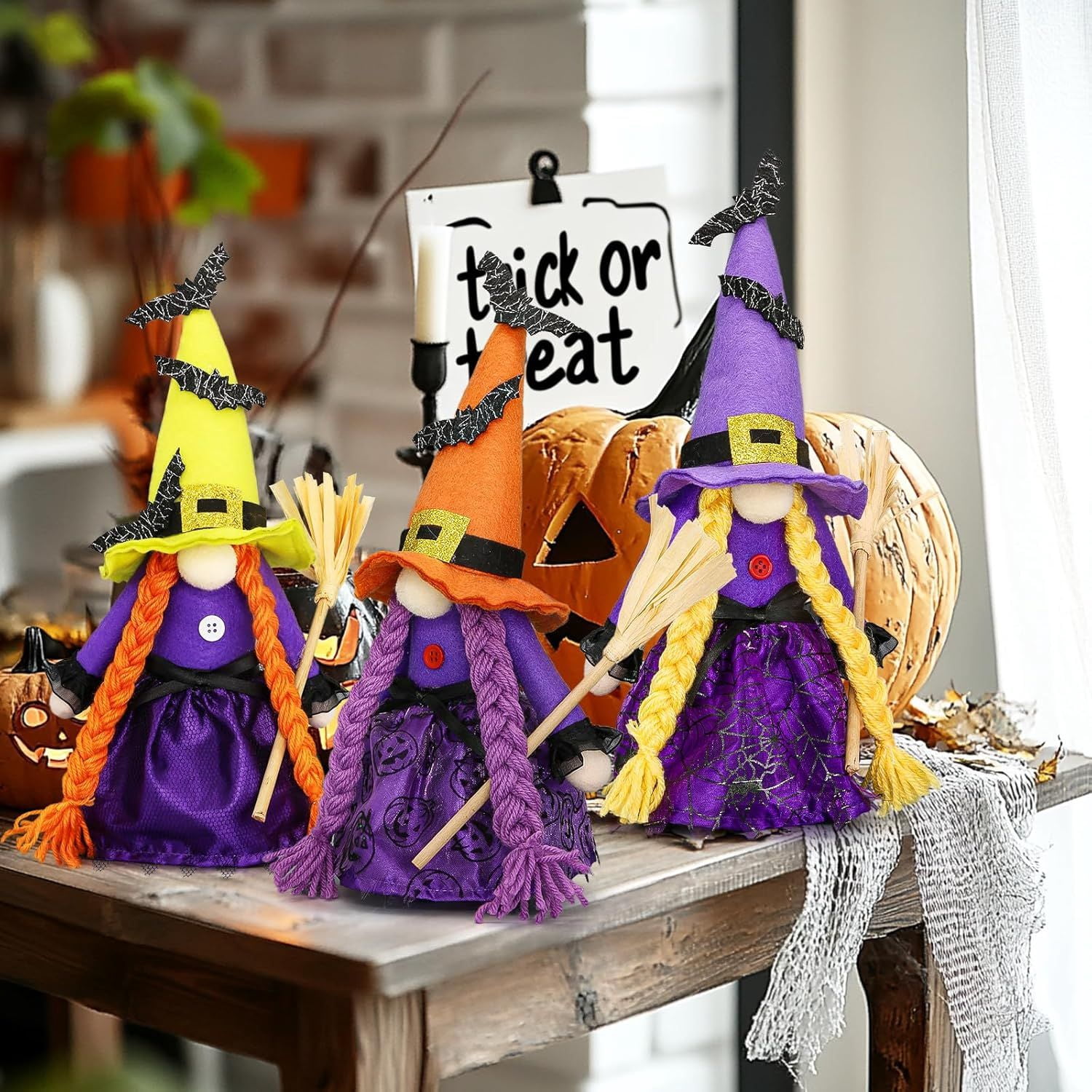 Set of 3 Hocus Pocus Witch Gnomes with Brooms for Rustic Halloween Decor