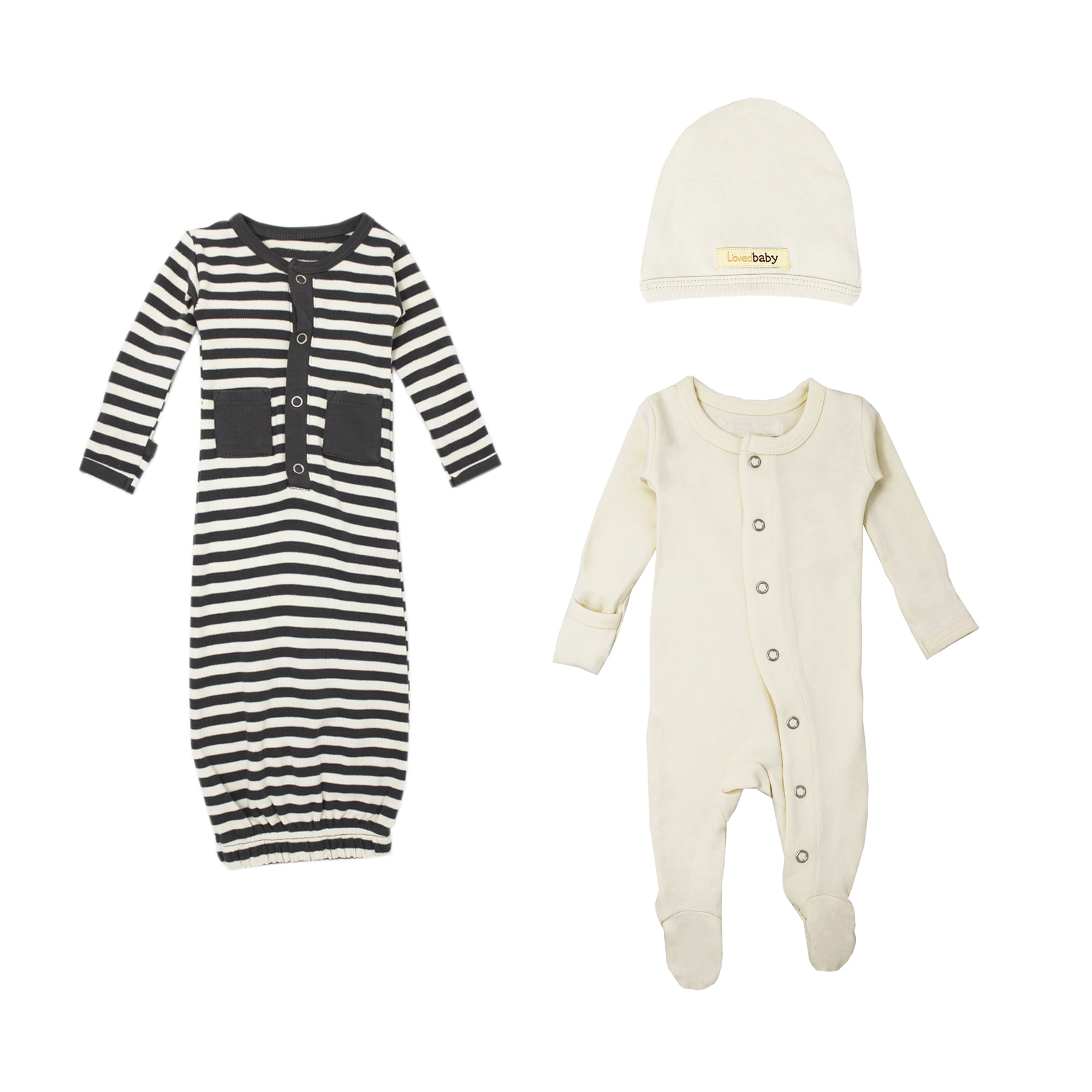 L'ovedbaby Baby Boy or Girl Unisex 100% Organic Cotton 3pc Gown, Sleep N Play & Hat Set, Size 0-3 Months