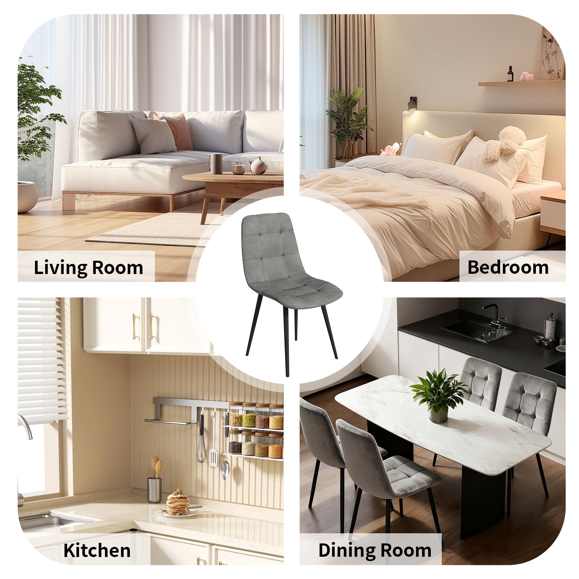 SHGJ&SOFT Velvet Dining Chairs Set of 4, Mid Century Modern Upholstered Fabric Chairs with Metal Legs Adjustable Pads for Kitchen Living Room Dining Room. (Gray, 4PC)