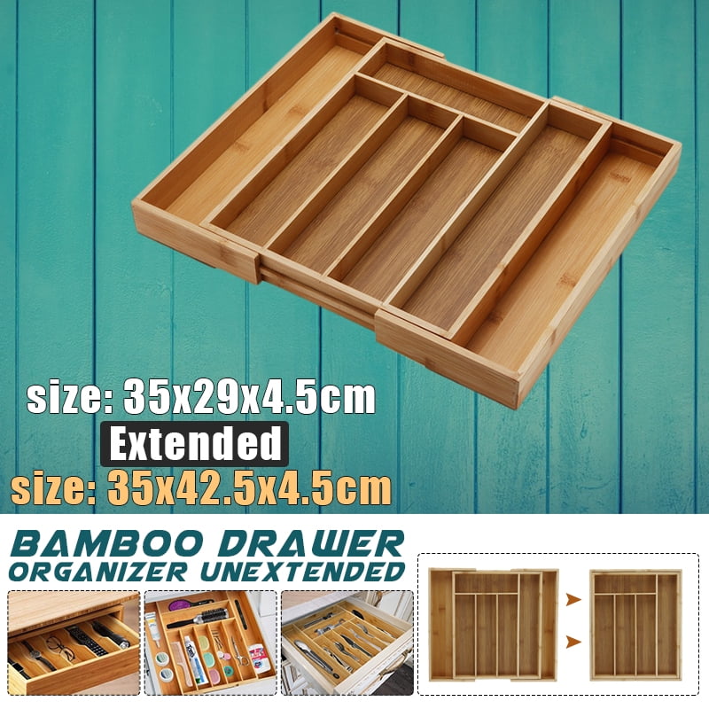 Expandable Bamboo Cutlery Tray Utensil Holder Tidy Kitchen Wood