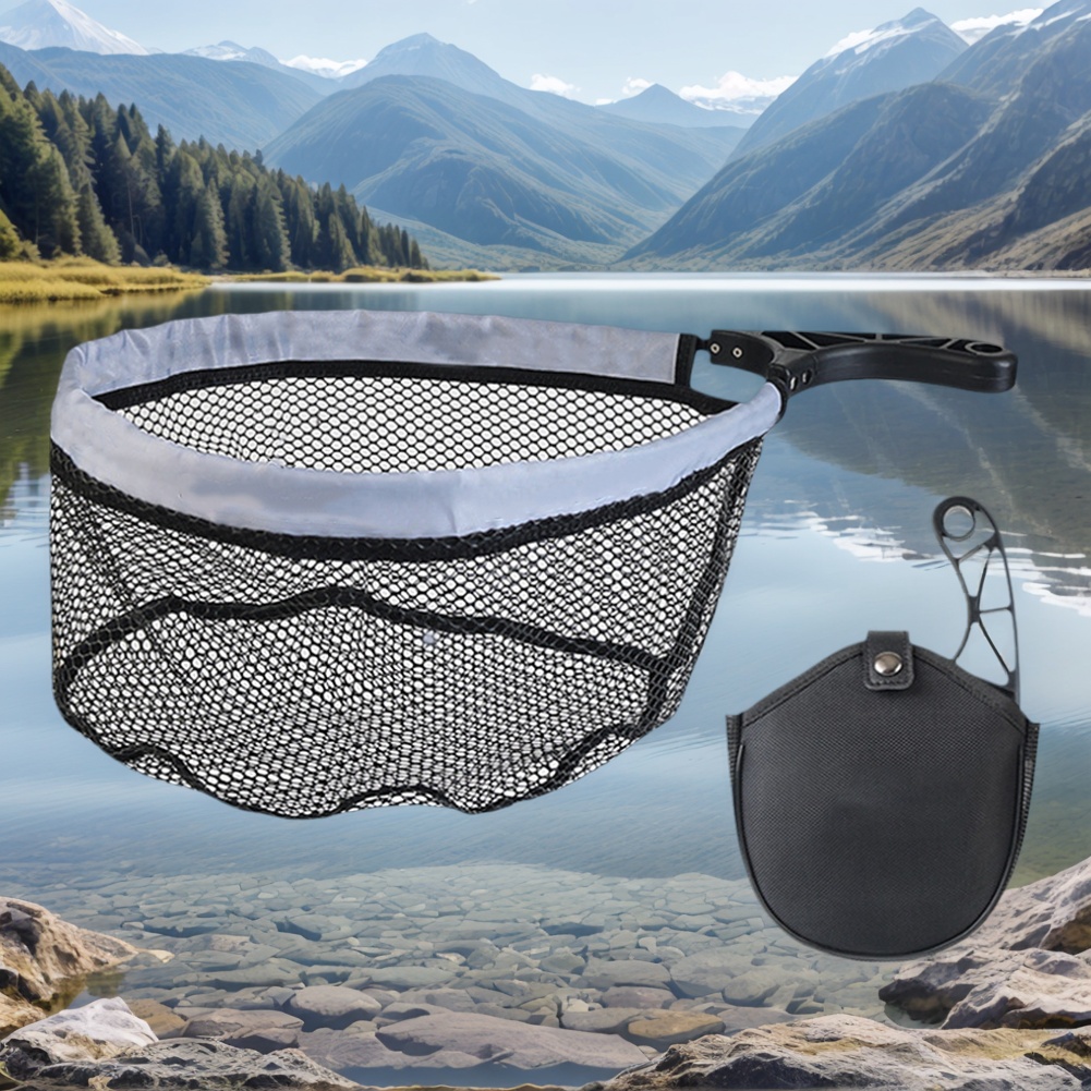 HUISZJ Fly Fishing Landing Net, Soft Rubber Mesh Foldable Landing Net, Non-Slip Handle Trout Net Outdoor Stream Fishing Tool Accessory