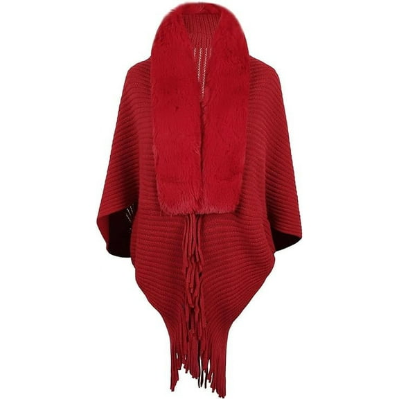 Women's Faux Fur Collar Cardigan Sweater Bat Sleeve Open Front Knit Cape Poncho Tassels Shawl Wrap Coat