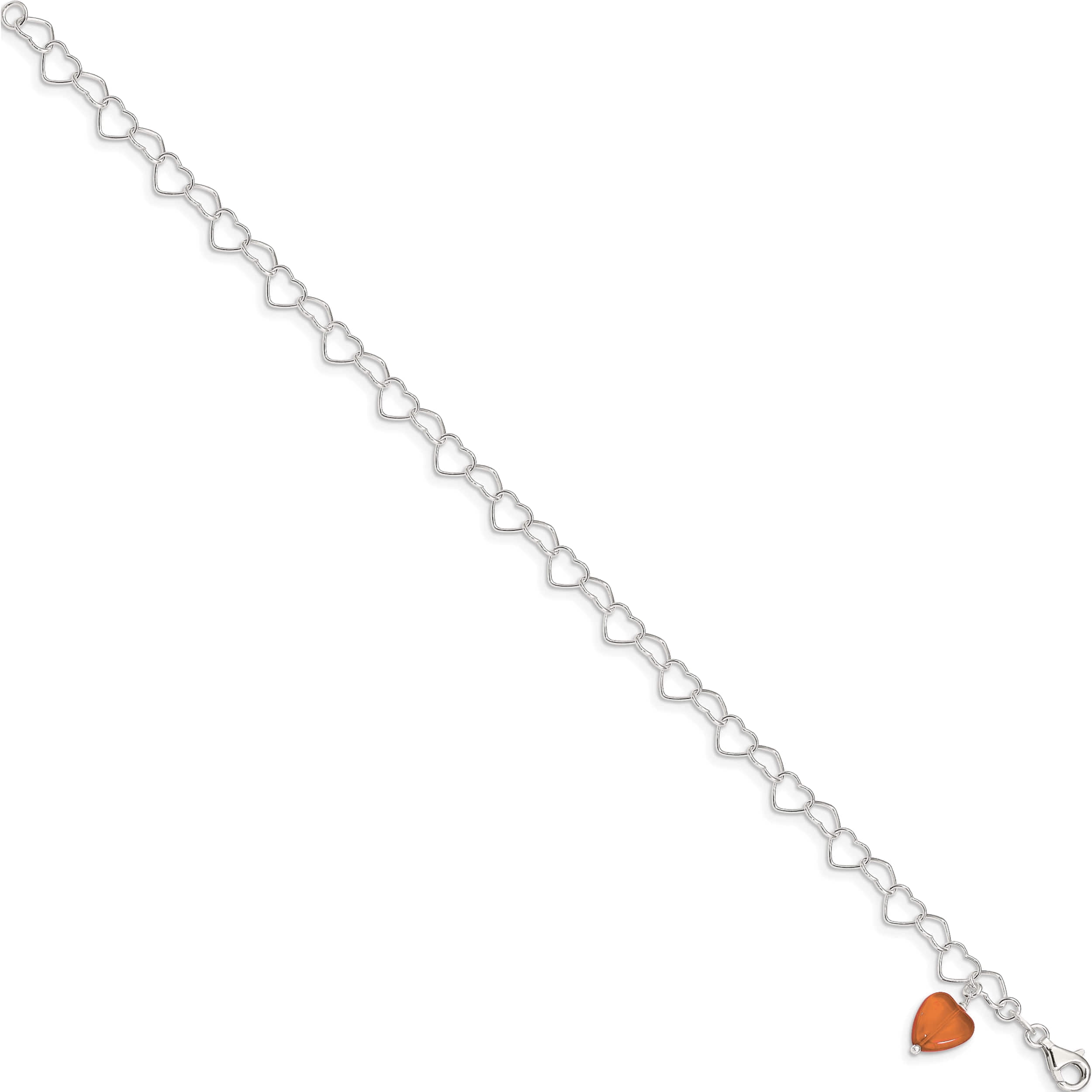 Sterling Silver Link Orange Synthetic Crystal Stone Heart Anklet Made In India qg1347-10