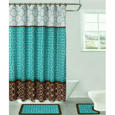 2 Non Slip Bath Mats Rugs Fabric Shower, Teal And Brown Fabric Shower Curtain