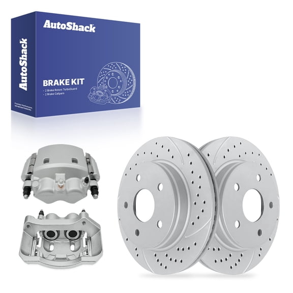 AutoShack Front Vented Drilled & Slotted Coated Brake Rotors Silver Matte Finish   Calipers 4-PC Brake Kit Replacement for 2006-2008 Dodge Ram 1500 TurboGuard 13.22" (335.9 mm)
