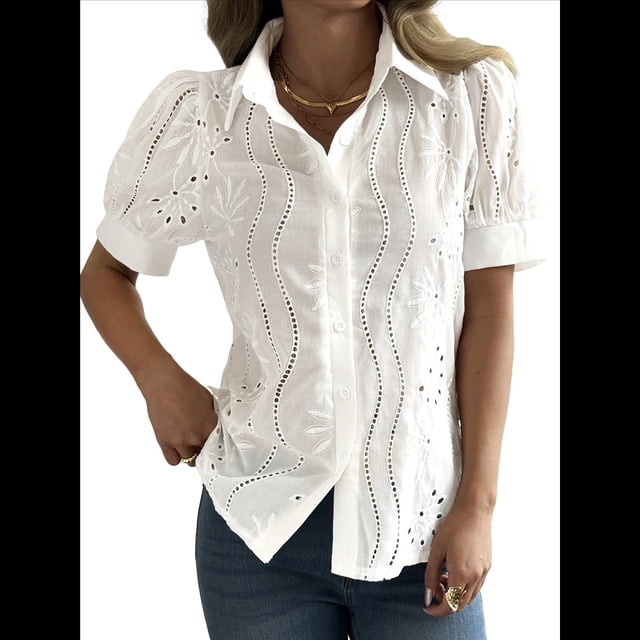 Blusa de Corta con Cuello Abotonado para Mujer, con Bordado de Ojales S