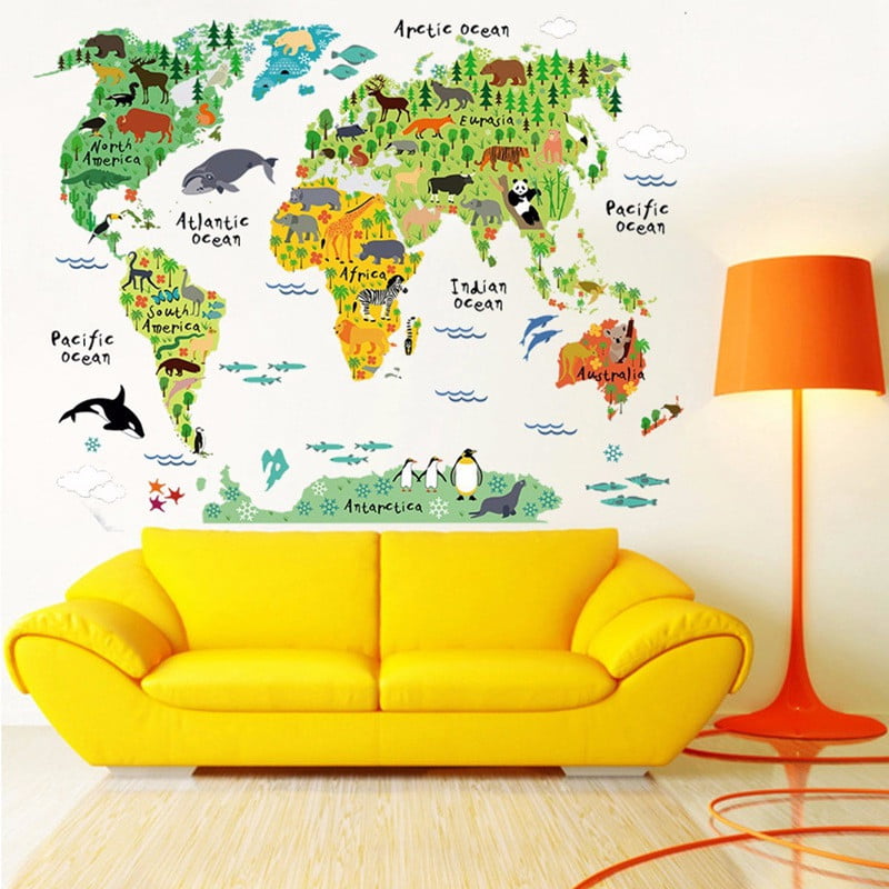 Animal World Map Kids Wall Mural Paper Sticker Decal Nursery Art Decor M07