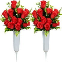 ZULAR Artificial Cemetery Flowers,Set of 2 Artificial Rose Bouquet Grave Memorial Flowers with Vase for Cemetery Headstones Decoration (Purple)