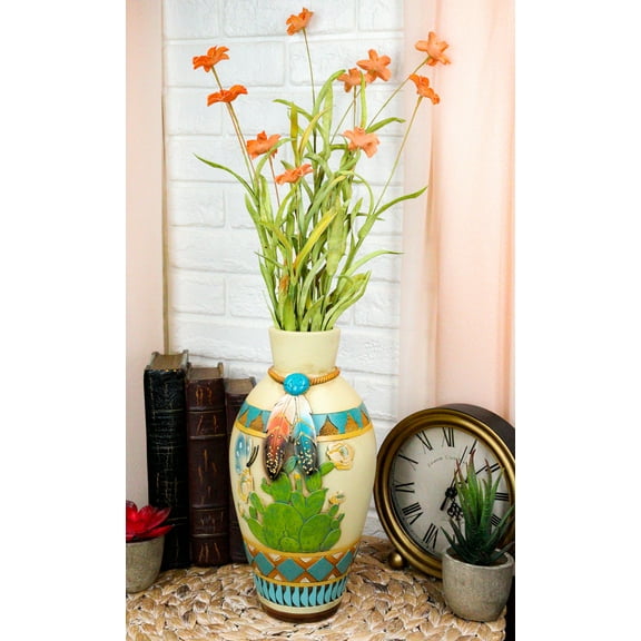 Southwestern Turquoise Rock Dreamcatcher Feathers Cactus Floral Vase Sculpture
