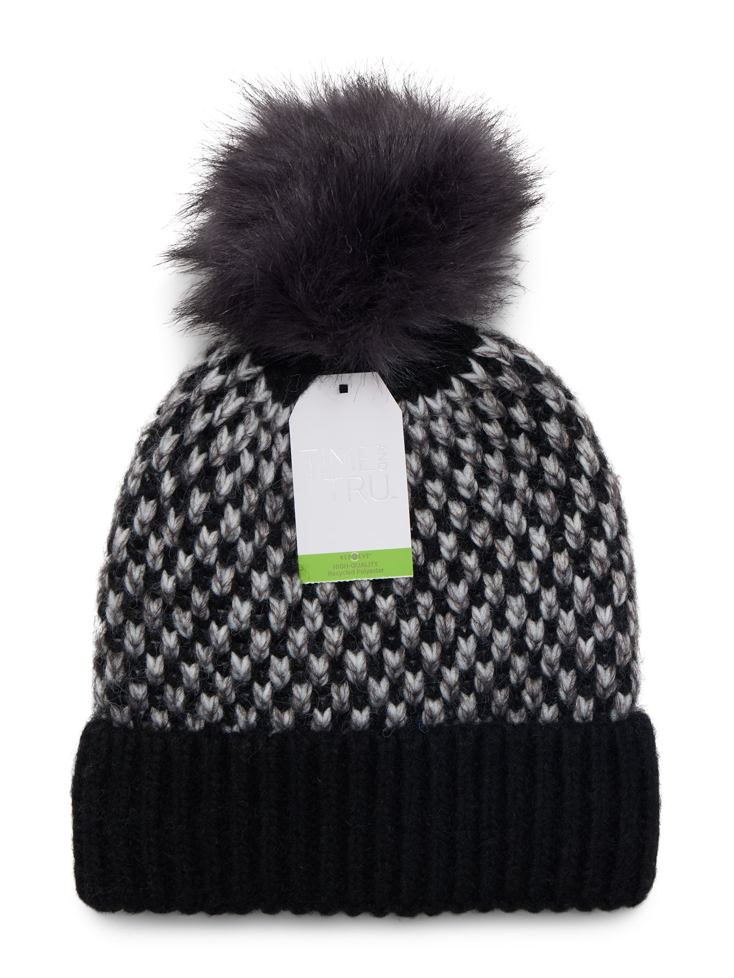 Time and Tru Women's Birdseye Beanie, One Size Fits Most, Black Combo