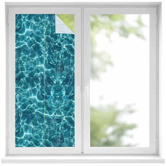 Teal Green Ocean Waves Window Privacy Film, Summer Sea Pool Static Cling UV Sun Blocking Heat Control Window Tint Day and Night, Non-Adhesive Reusable One Way Windows Privacy Cover 19.6''x39.3''