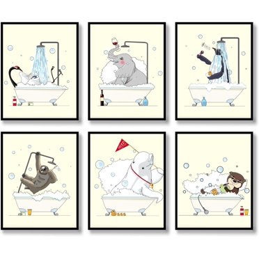 Bathroom Wall Art Animal Prints Decor Set of 6 Canvas Posters Cute Pictures Photos Bathroom Artwork Wall Colourful Funny Swan,Elephant,Penguin,Sloth,Dolphin,Otter Wall Art 8x10 inch Unframed