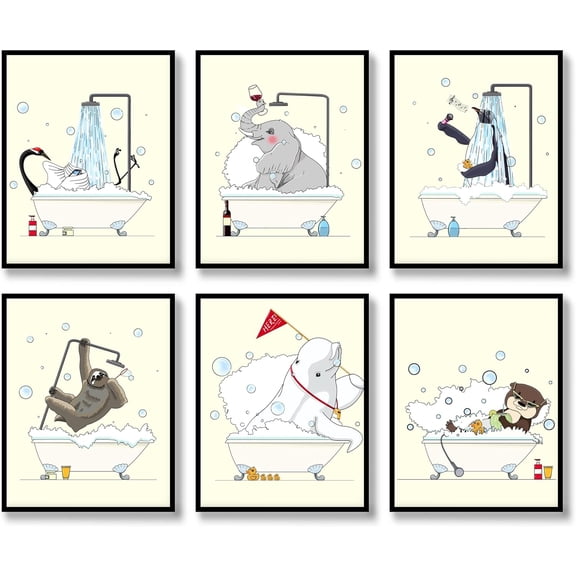 Bathroom Wall Art Animal Prints Decor Set of 6 Canvas Posters Cute Pictures Photos Bathroom Artwork Wall Colourful Funny Swan,Elephant,Penguin,Sloth,Dolphin,Otter Wall Art 8x10 inch Unframed