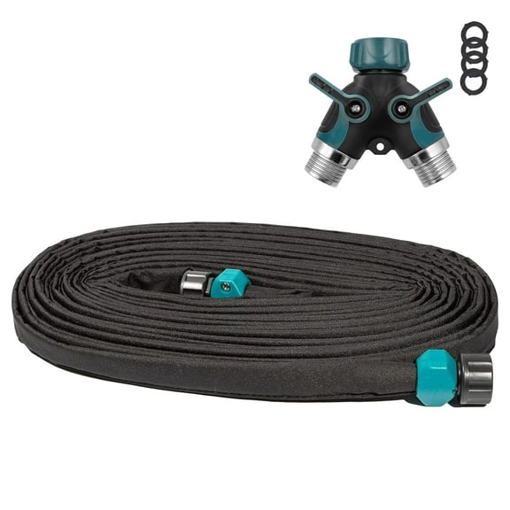 IRmm Garden Flat Soaker Hose 1/2" x 50 ft + Metal Garden Hose Splitter Upgraded 2025 for Garden Beds Drip Sprinkler Hoses Heavy Duty Save Water 80%