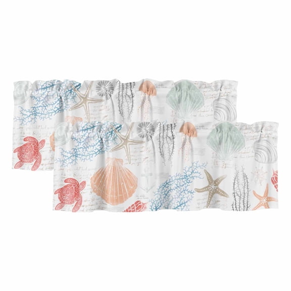 2 Pack Valances for Windows 42 x 18 In, Orange Red Blue Coastal Nautical Decorative Kitchen Curtain Valance, Beach Sea Turtle Ocean Coral Starfish Rod Pocket Curtains Window Treatment for Bathroom