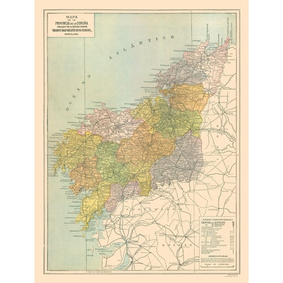 Historic Map - La Coruna Province Spain - Pompido 1913 - Vintage Wall Art