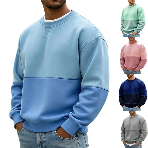 Iroehba Men's Sweatshirts Color-block Crew Neck Relaxed Cut Drop Shoulder Long Sleeve Pullover Top, Clean Versatile Stylish Practical Daily Outfit