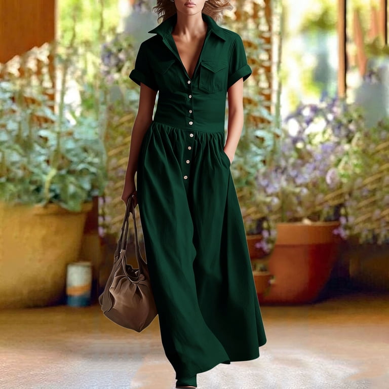womens army green dress Kvture Womens Western Style Shirt Dress Long Sleeve Button Down Loose Fit Maxi Dress with Pocket White Dress L
