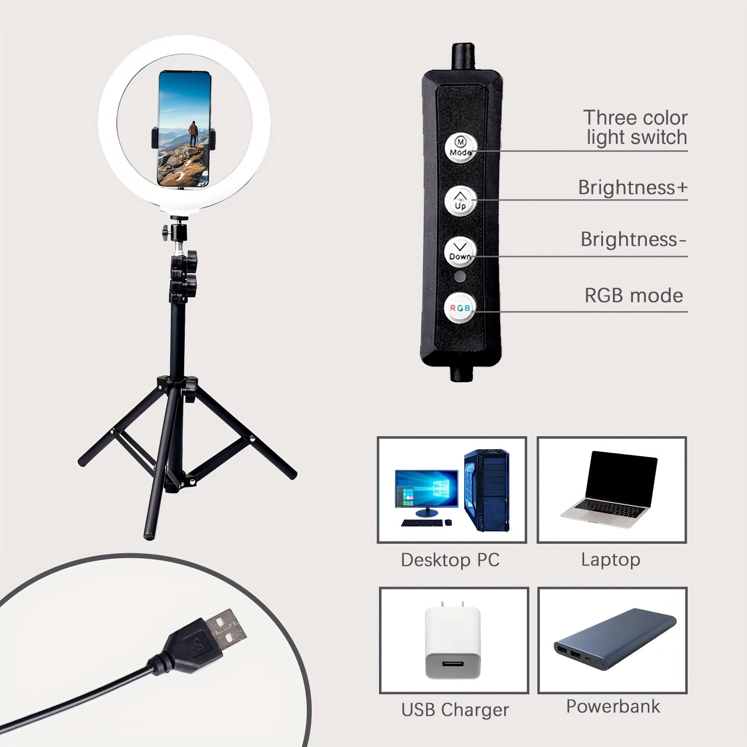 UEGOGO 10-Inch LED Selfie Ring Light with 51-Inch Tripod And Phone Stand, RGB Tone Mode, Stepless Dimming, USB Powered for Live Streaming, Makeup, Cooking Video Recording, Indoor Use