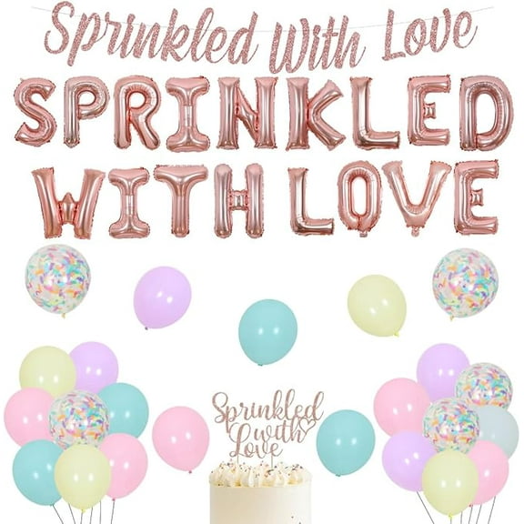 Sprinkle Decorations for Girls Baby Shower Party Supplies with Sprinkled With Love Rose Gold Balloon Banner Cake Topper, Gender Reveal