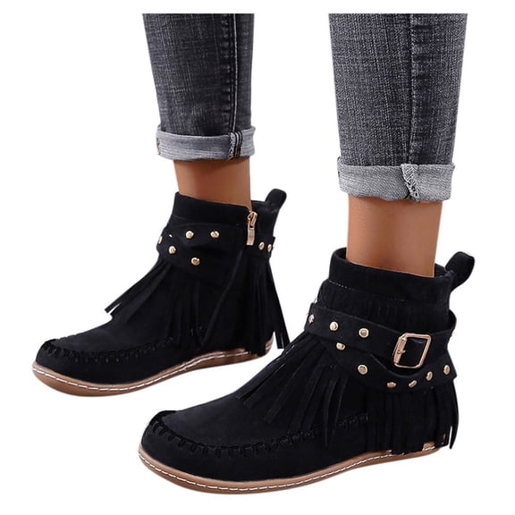 HEWUQI Women Western Fringe Ankle Boots Studded Adjustable Buckle Moccasins Round Toe Retro Bohemian Casual Shoes for Fall Outfits Black Size 9