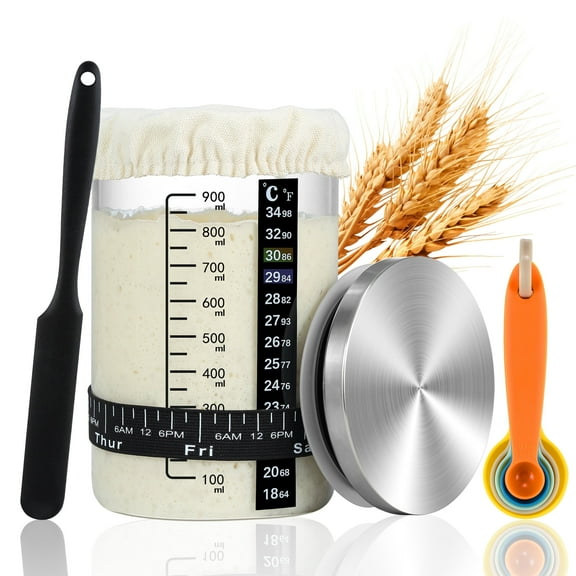 Mirdinner Sourdough Starter Jar Kit, 900ml Glass Sourdough Starter Jar with Metal Lid, Date Marked Feeding Band, Thermometer, Silicone Scraper, Cloth Cover, Reusable Sourdough Jar for Home Baking