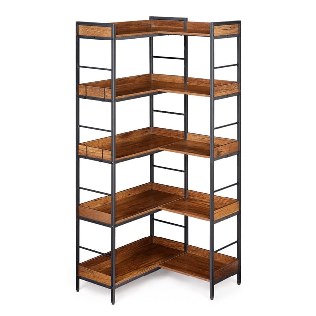 Rangement à 5 Niveaux, 4 Crochets, Conception Réversible – Bibliothèque d'Angle – 65 Pouces – en L, Cadre en Bois et Métal – Brun Rustique