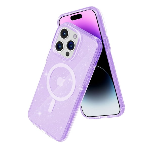 Allytech Glitter Case for iPhone 15 Pro Max, iPhone 15 Pro Max Magnetic Cover, Wireless Charging Bling Glitter Shockproof Bumper Chic Back Cover for Girls Women - Purple