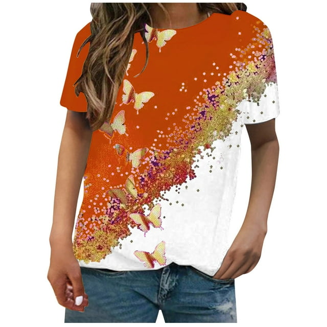 Birdeem Mode Femme Imprimé Papillon Manches Courtes Col Rond Haut Blouses