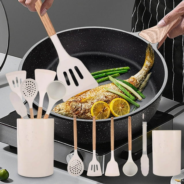 Juego de utensilios para cucharas con espátula de silicona | Utensilios de cocina antiadherentes con mango de madera | Juego de cocina de 6 piezas con pinzas y cubo de almacenamiento | Resistente al