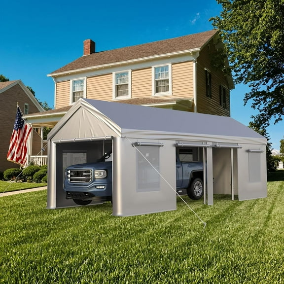 13x25 ft Heavy-Duty Portable Carport with Reinforced Steel Poles, Waterproof & UV-Resistant PE Tarp, Removable Sidewalls and Doors,Gray