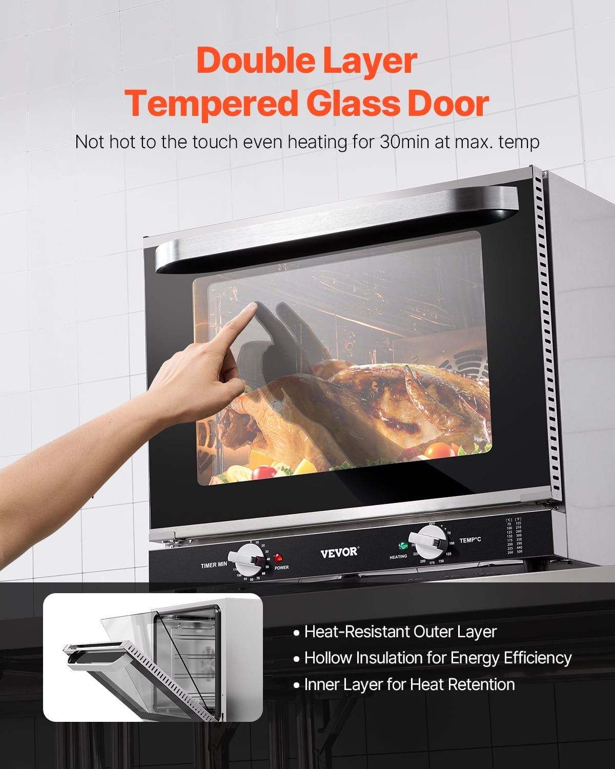 VEVOR Commercial Countertop Oven, 66L 4-Tier Toaster Oven, 2800W Electric Baking Oven with Tempered Glass Door, Wire Racks Clip Tray Gloves, Stainless Steel Commercial Oven for Restaurant Bakery