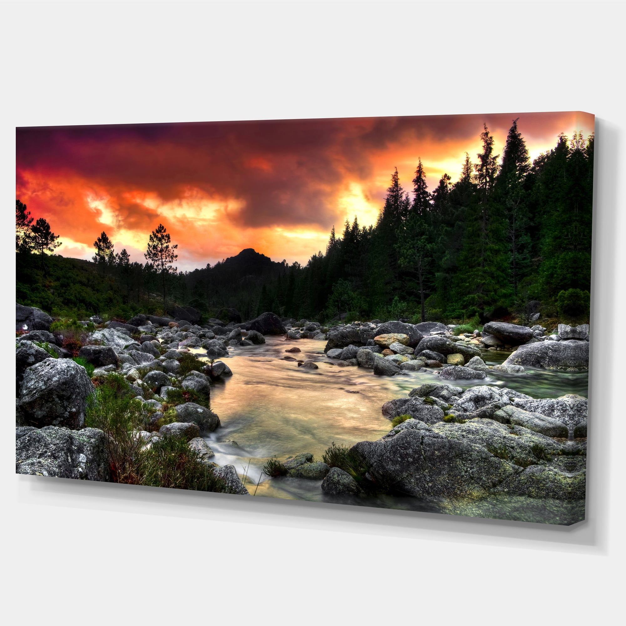 Designart 'Rocky Mountain River at Sunset ' Extra Large Wall Art Landscape