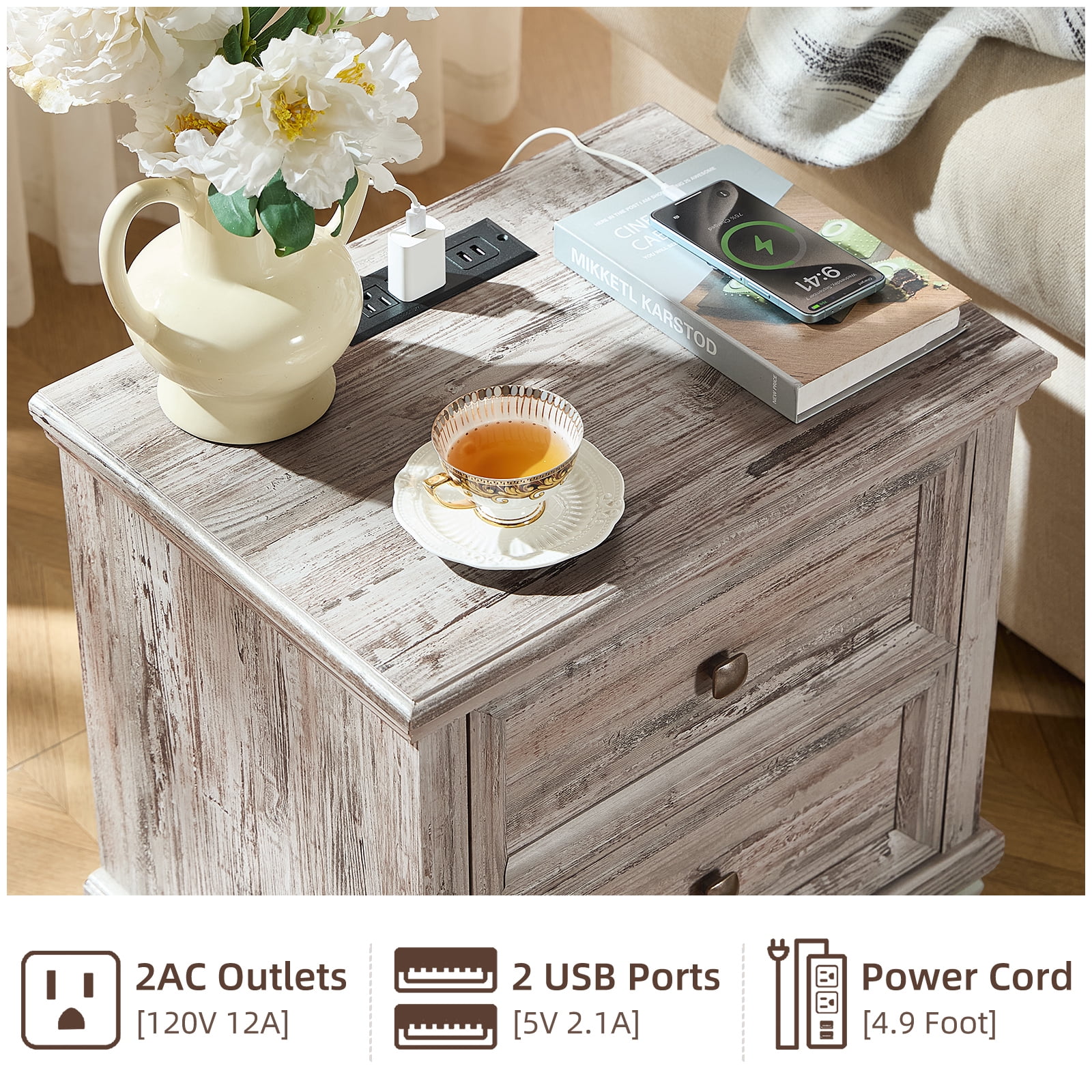 Buildhom 2pc Farmhouse Nightstand with Charging Station, 2-Drawer Rustic End Table with Solid Wood Legs for Bedroom, Grey'
