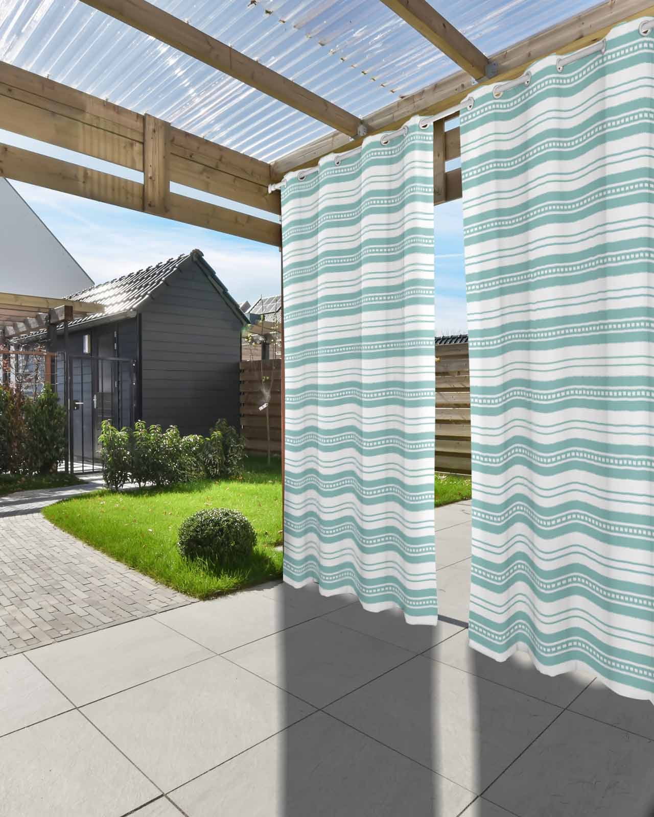 nqOlkjepod Outdoor Curtains for Patio Waterproof, Boho Turquoise Stripe Outdoor Privacy Panels Grommet, Abstract Geometric White Minimalist Blackout Outside Curtains for Porch 54"x108", 2 Panels