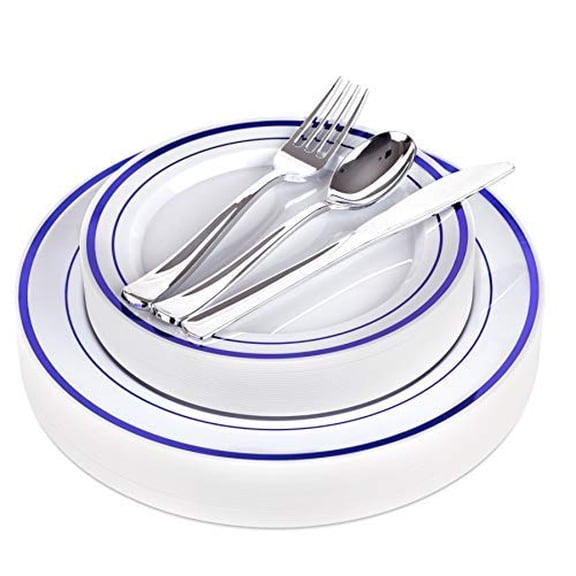 125-Piece White and Blue Fancy Plastic Plates Disposable with Silverware, Elegant Dinnerware for Weddings, Holiday Party China, Set of 25 Dinner Salad Plates, 25 Spoons, 25 Forks, 25 Knives
