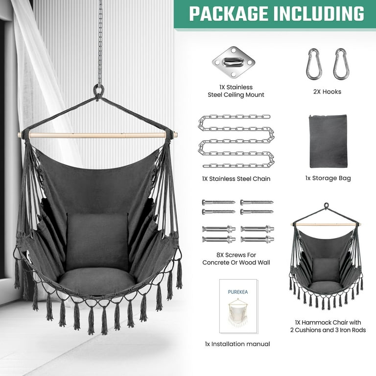 Hammock Chair Swing with Foot Rest, Side Pocket, and Pillows - Cotton Weave