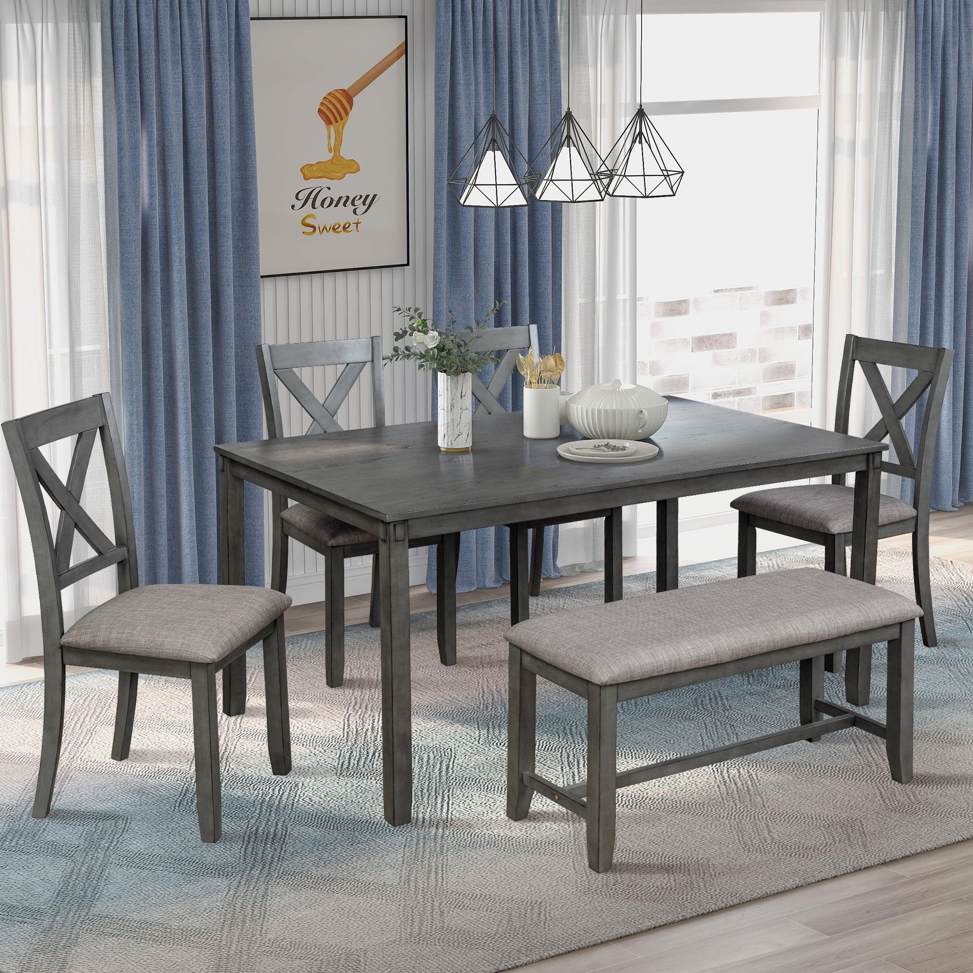 6 Piece Dining Table Set Modern Home Dining Set With Table Bench And 4