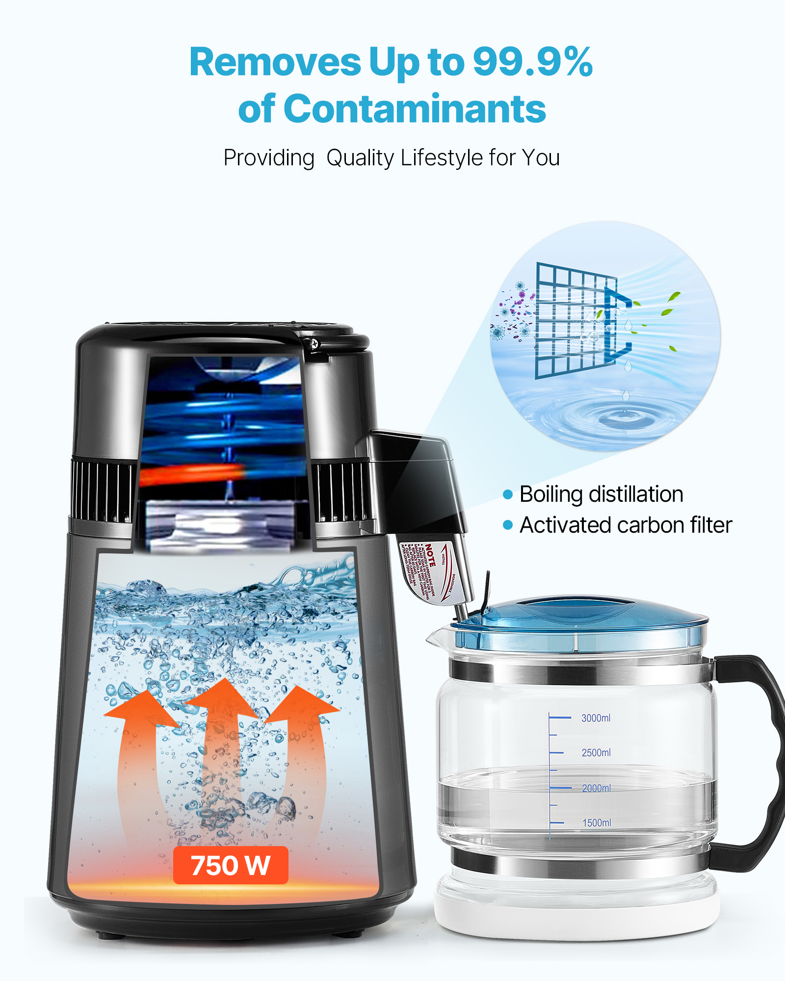 VEVOR Water Distiller, 4L 1.1 Gallon Pure Water Purifier Filter For Home Table Countertop, 750W Distilled Maker with Glass Pot, Stainless Steel Interior Drinking Machine to Make Clean Waters, Grey
