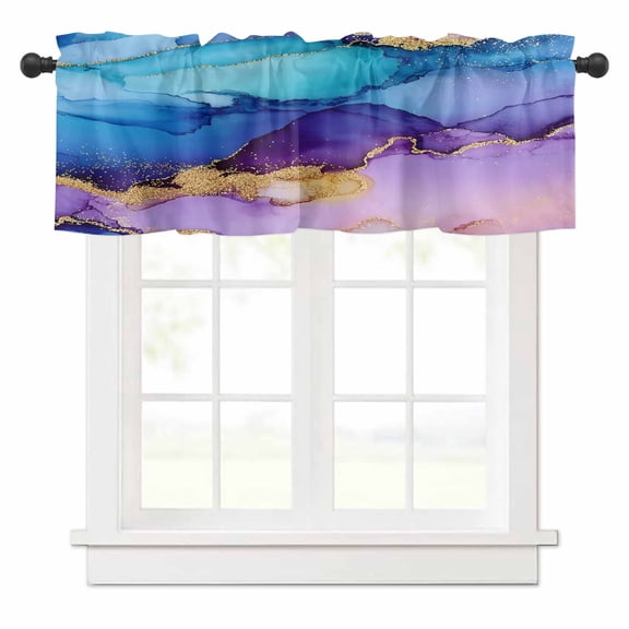 Marble Blue Valances for Windows Gold Line Gradient Purple Modern Wavy Rod Pocket Curtain Valance Window Treatment Short Curtains for Kitchen Living Room, 42"x18"