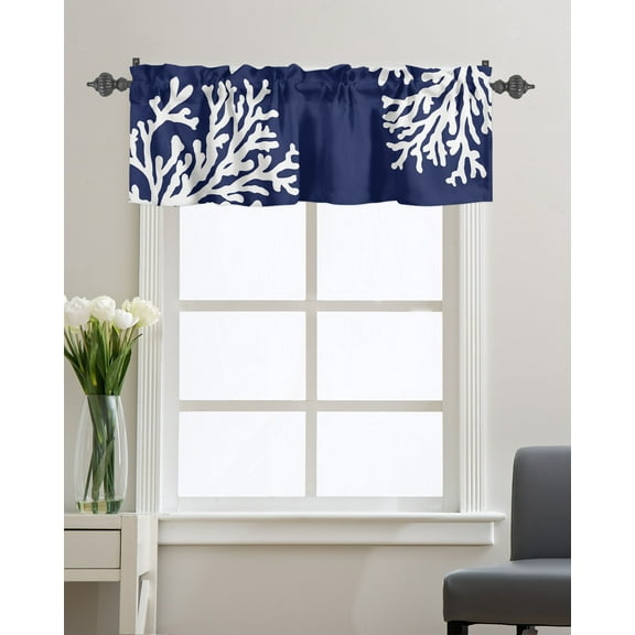 Kitchen Cafe Valance Curtain for Small Windows,Ocean Abstract Coral White Texture Rod Pocket Short Valances Marine Theme on Navy Blue Window Treatment Panel for Living Room/Bedroom/Bathroom,54x18in